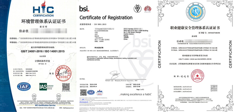 ISO14001，ISO9001，ISO45001